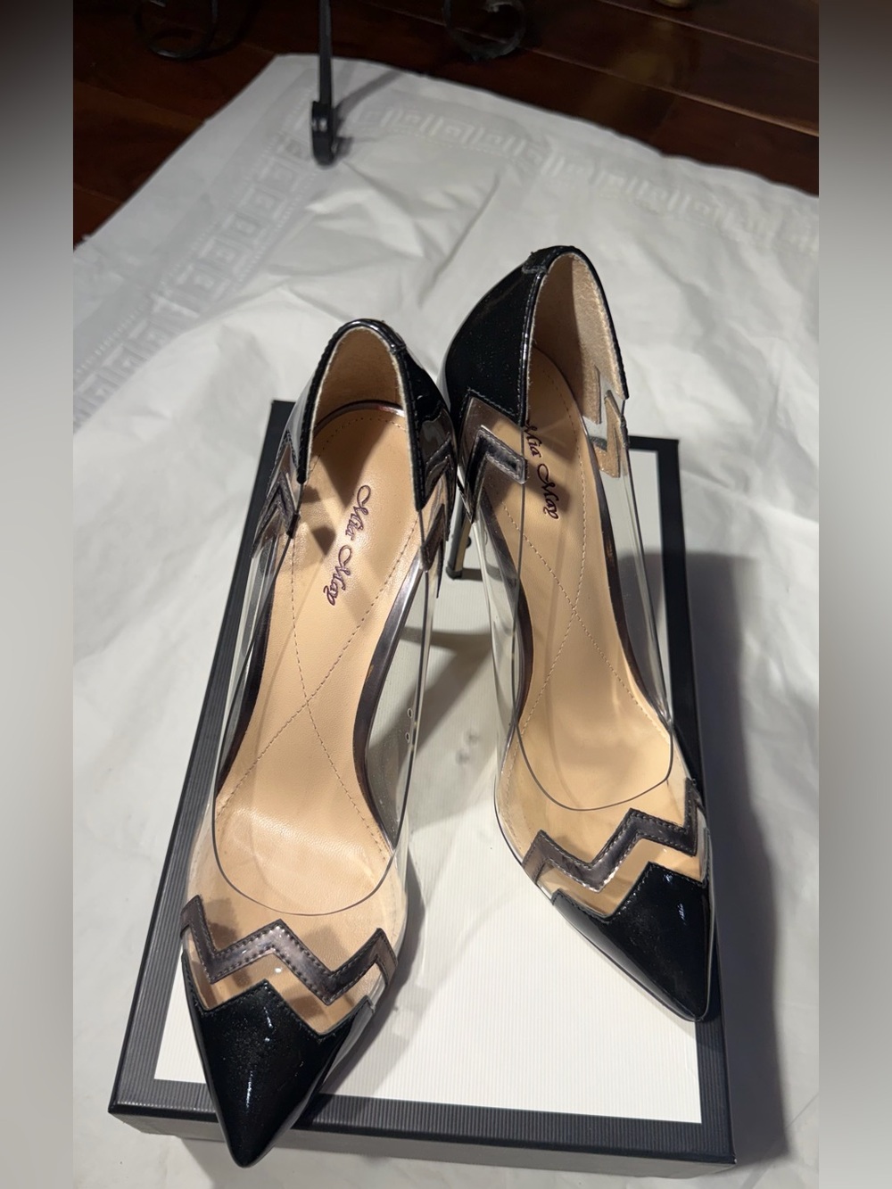 Chic Black Pointed Clear Pump with Chevron Accent